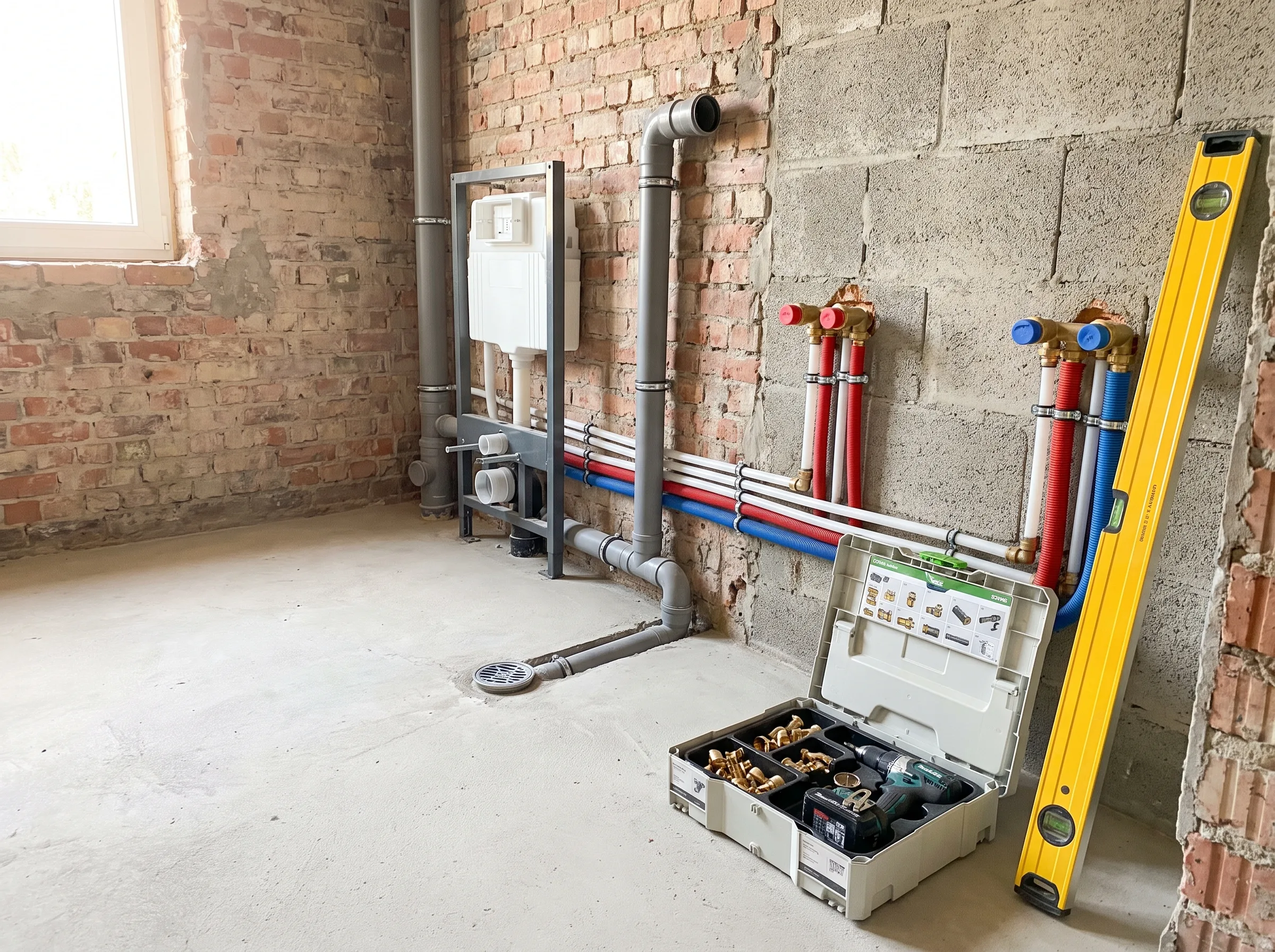 Technische ruimte met leidingen en toolkit voor sanitaire installatie