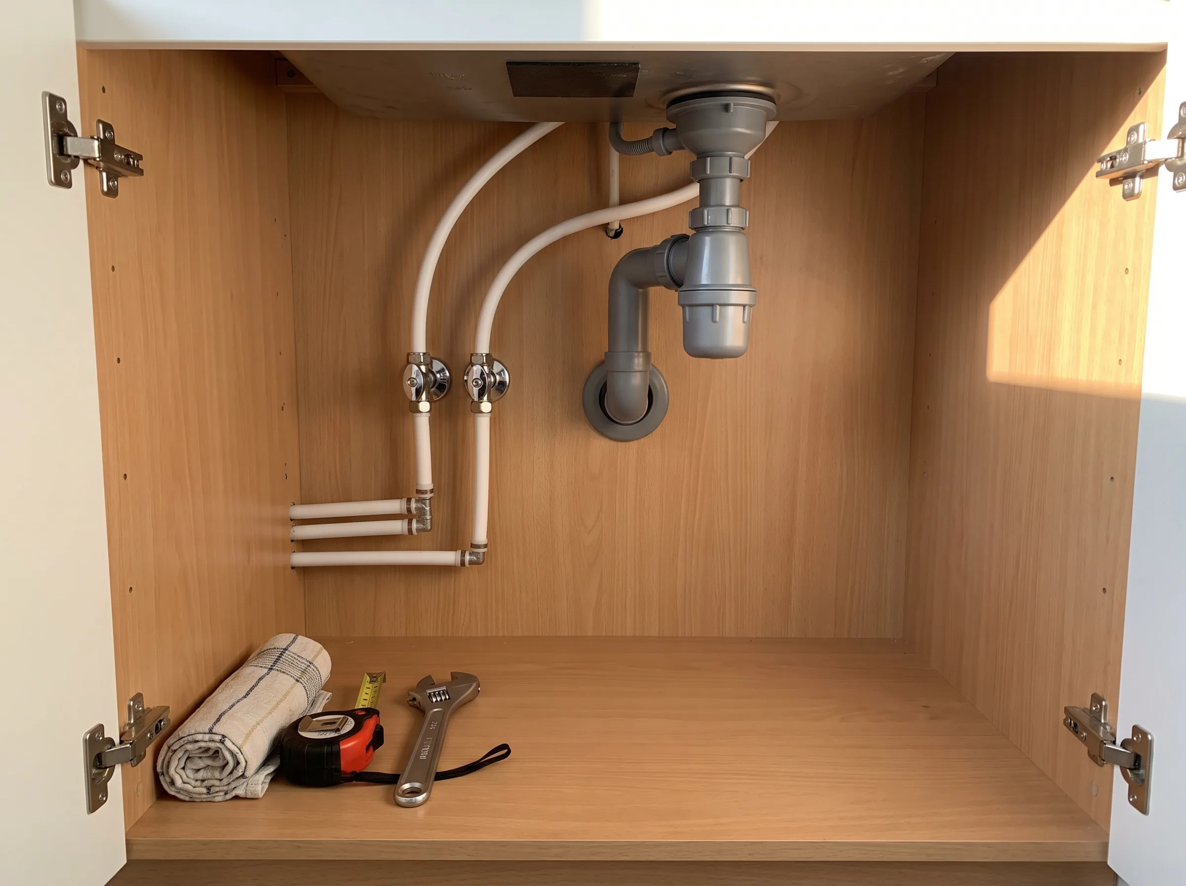 Onderkast met сантехнические соединstellingen en gereedschap voor installatie van sanitair