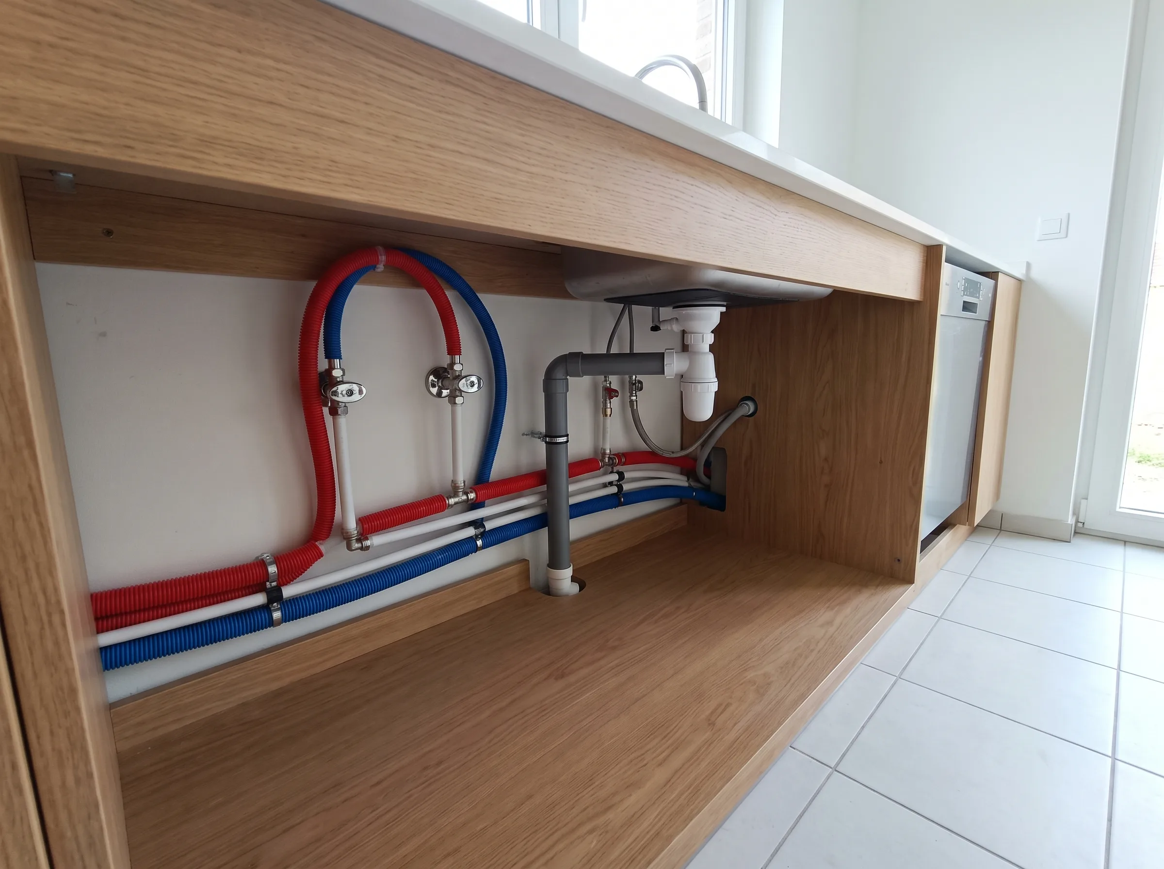 Sanitaire leidingen keuken met kleurrijke verbindingen voor waterafvoer en aanvoer