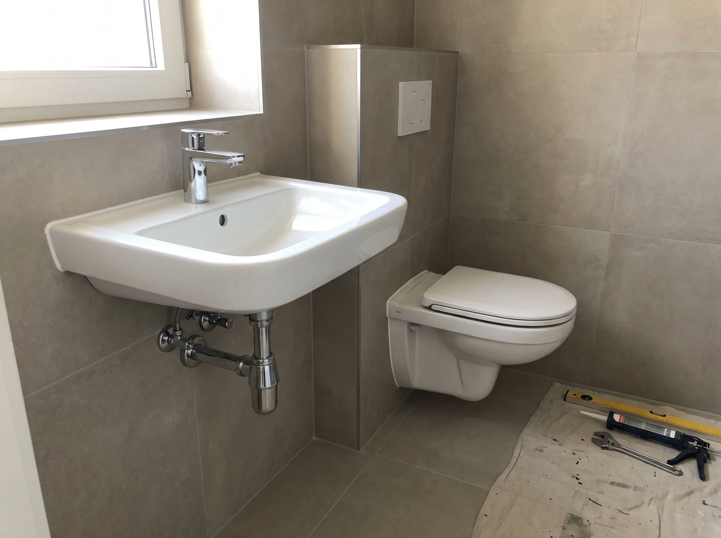 Nieuwe sanitaire installatie met wastafel en toilet in moderne badkamer