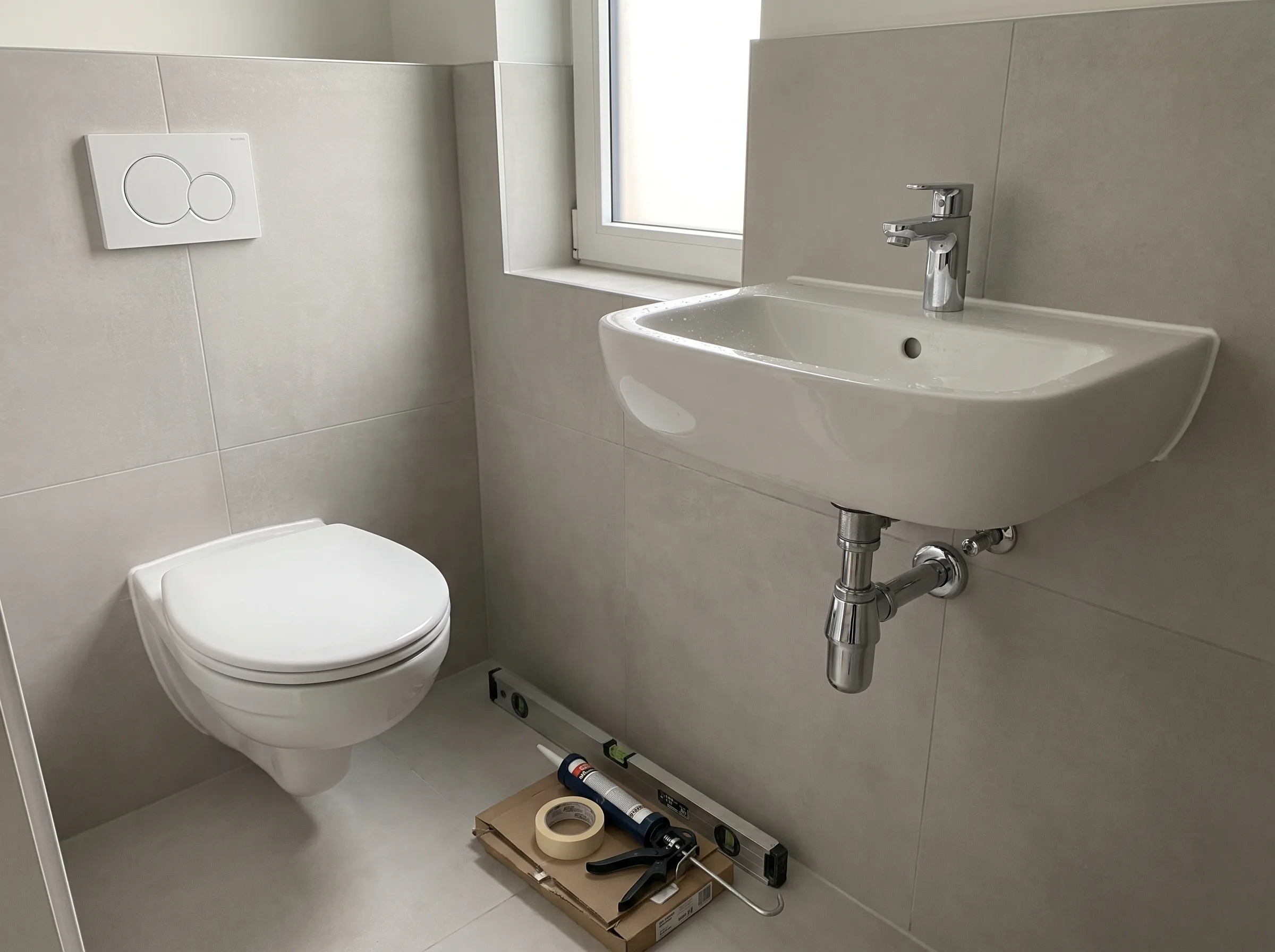 Nieuwe sanitaire installatie met toilet en wastafel in moderne badkamer
