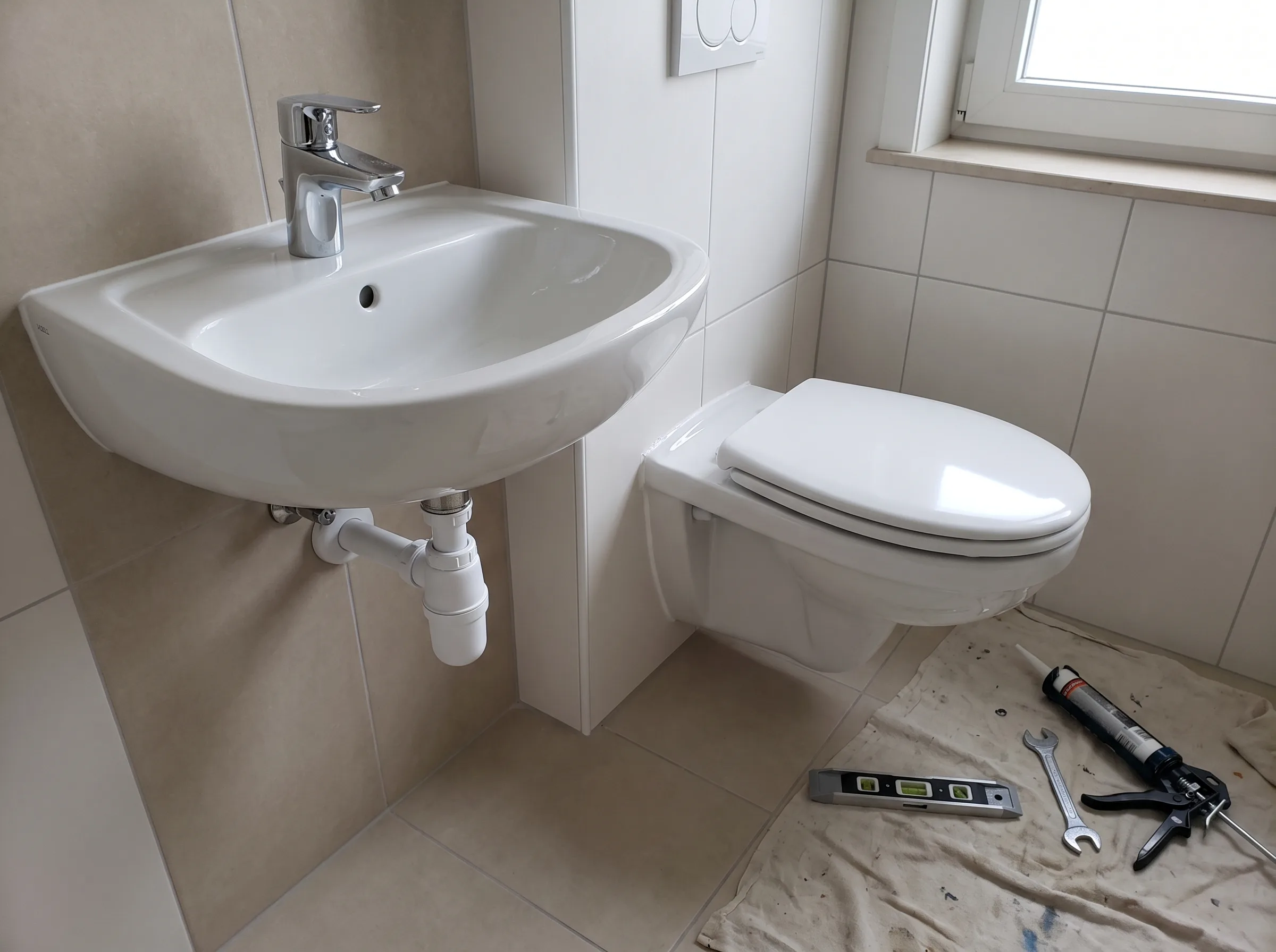 Nieuwe sanitaire installatie met een wastafel en een toilet in een badkamer