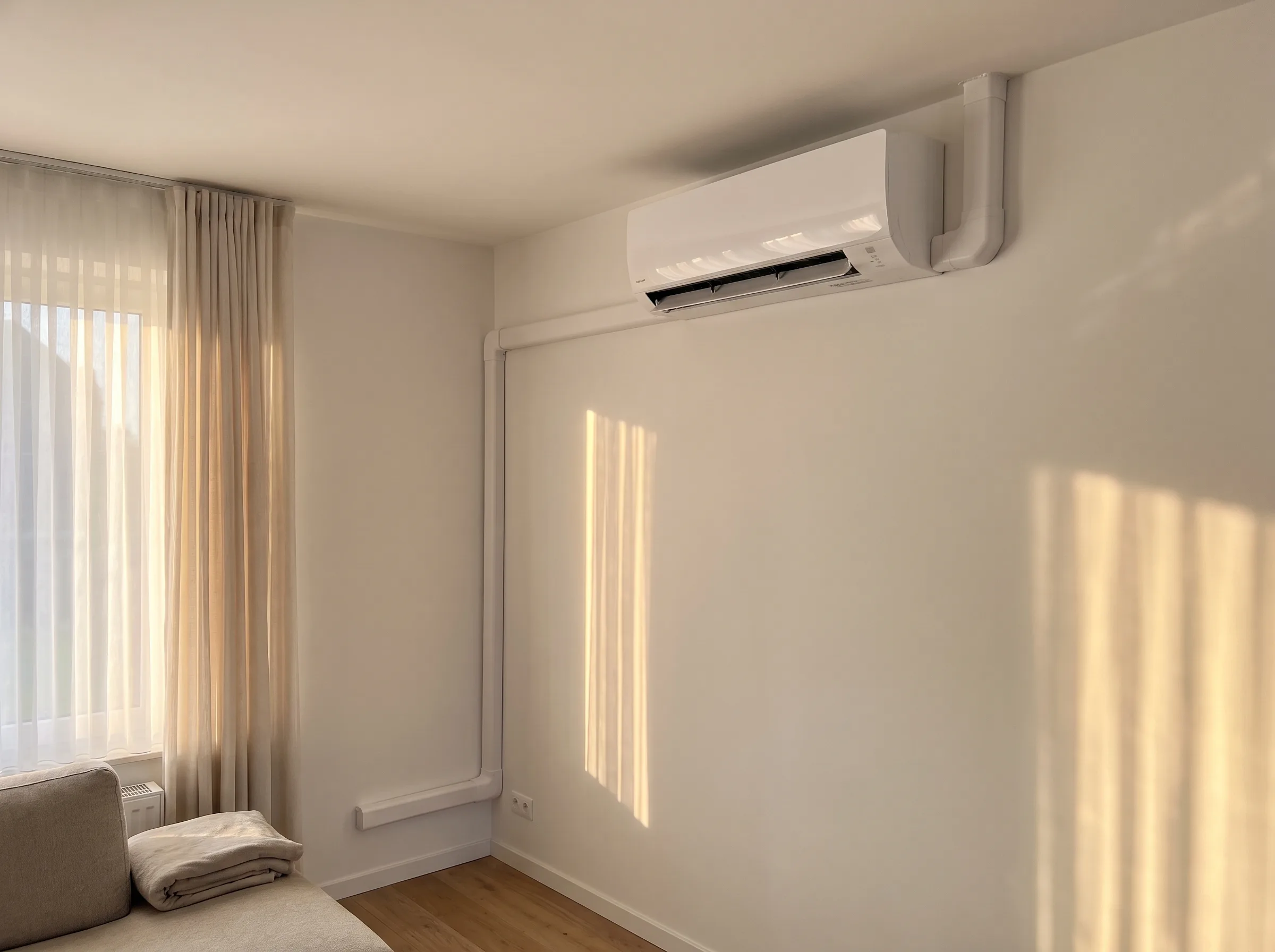 Wand met airco-installatie en indirect lichtval door het raam