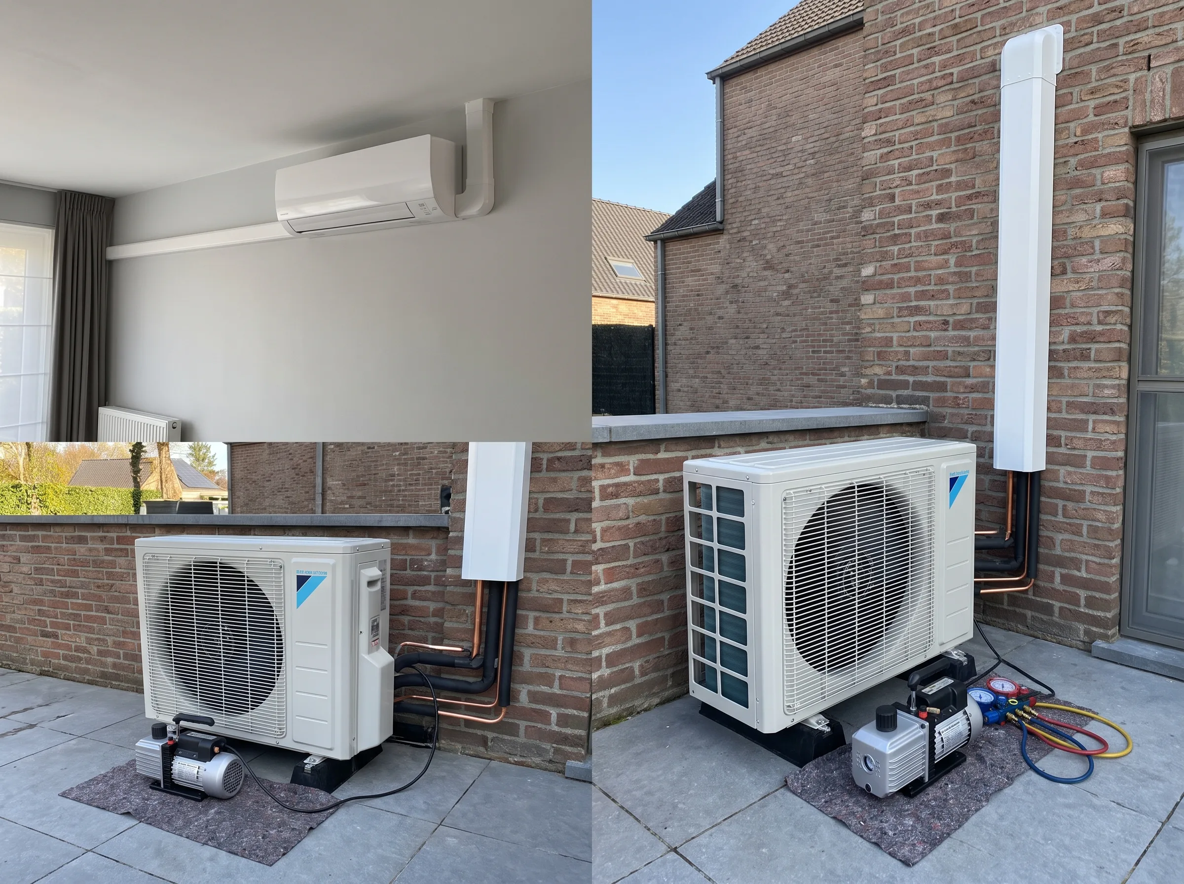 Airco installatie met buitenunit en leidingen op een betegelde vloer