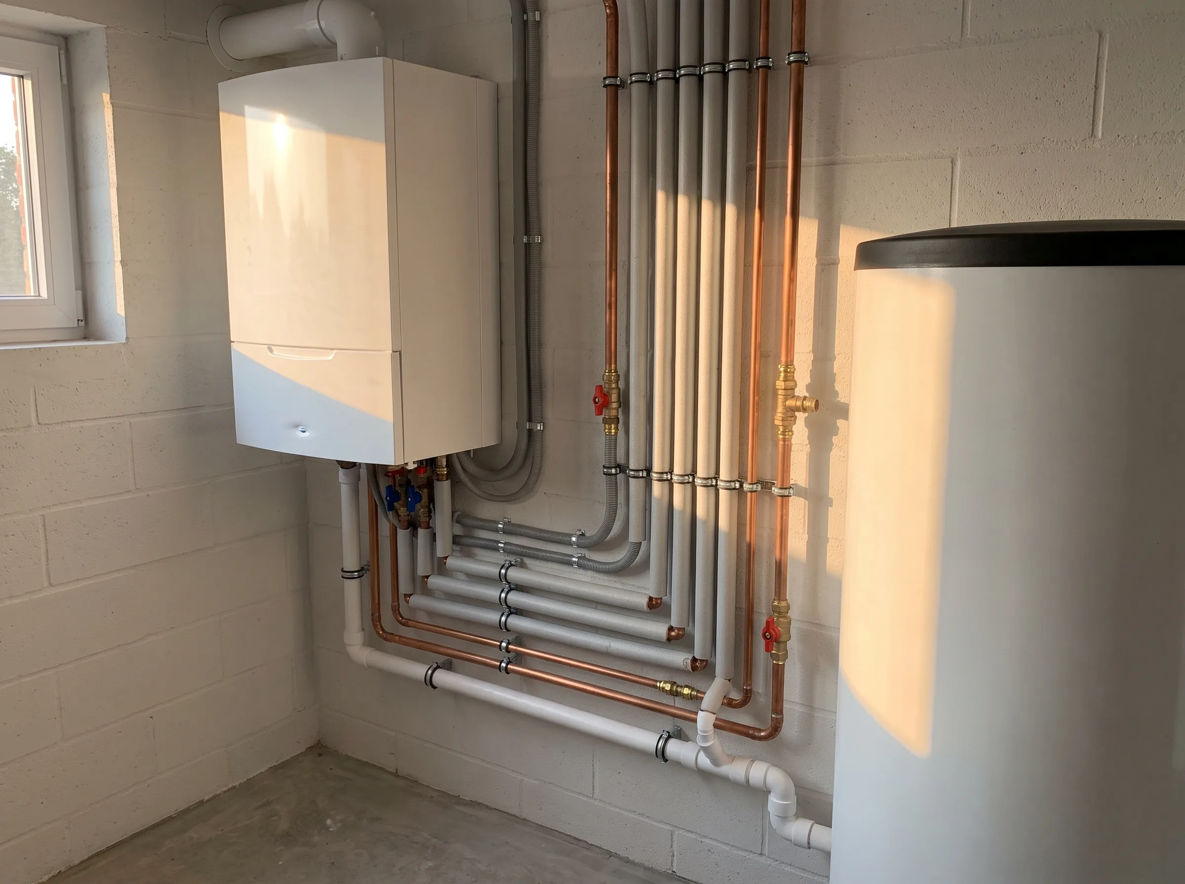 Installatie van een gasketel en leidingen in een technische ruimte