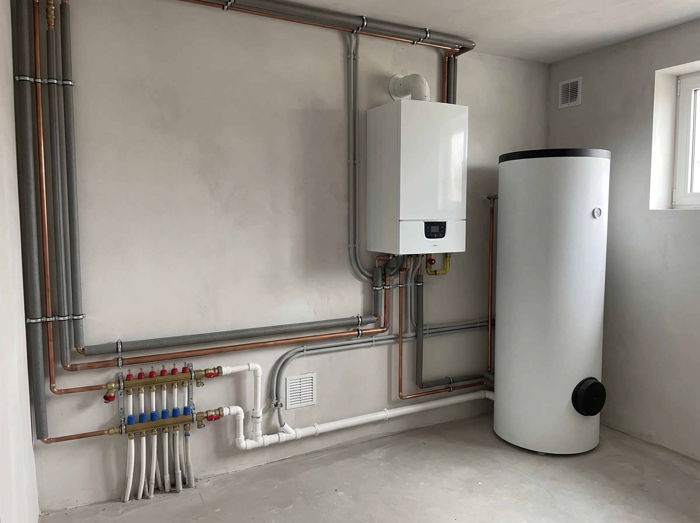 Installatie van een warmwaterboiler en leidingen in een technische ruimte