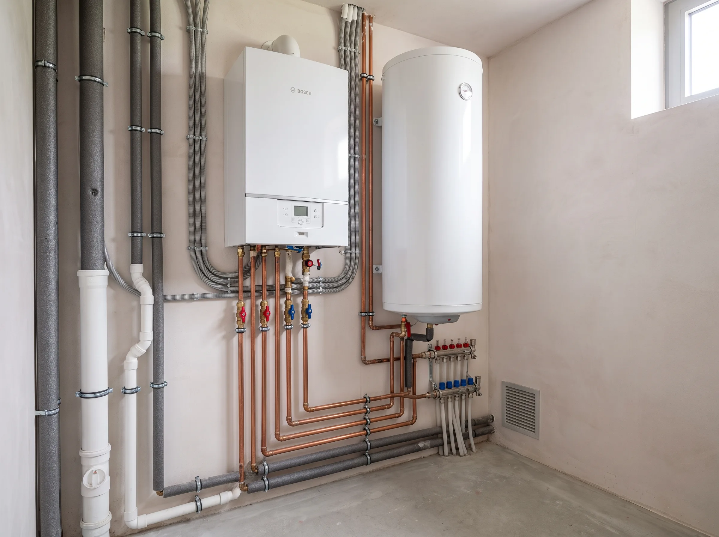 Installatie van een warmwaterboiler en leidingen in een technische ruimte