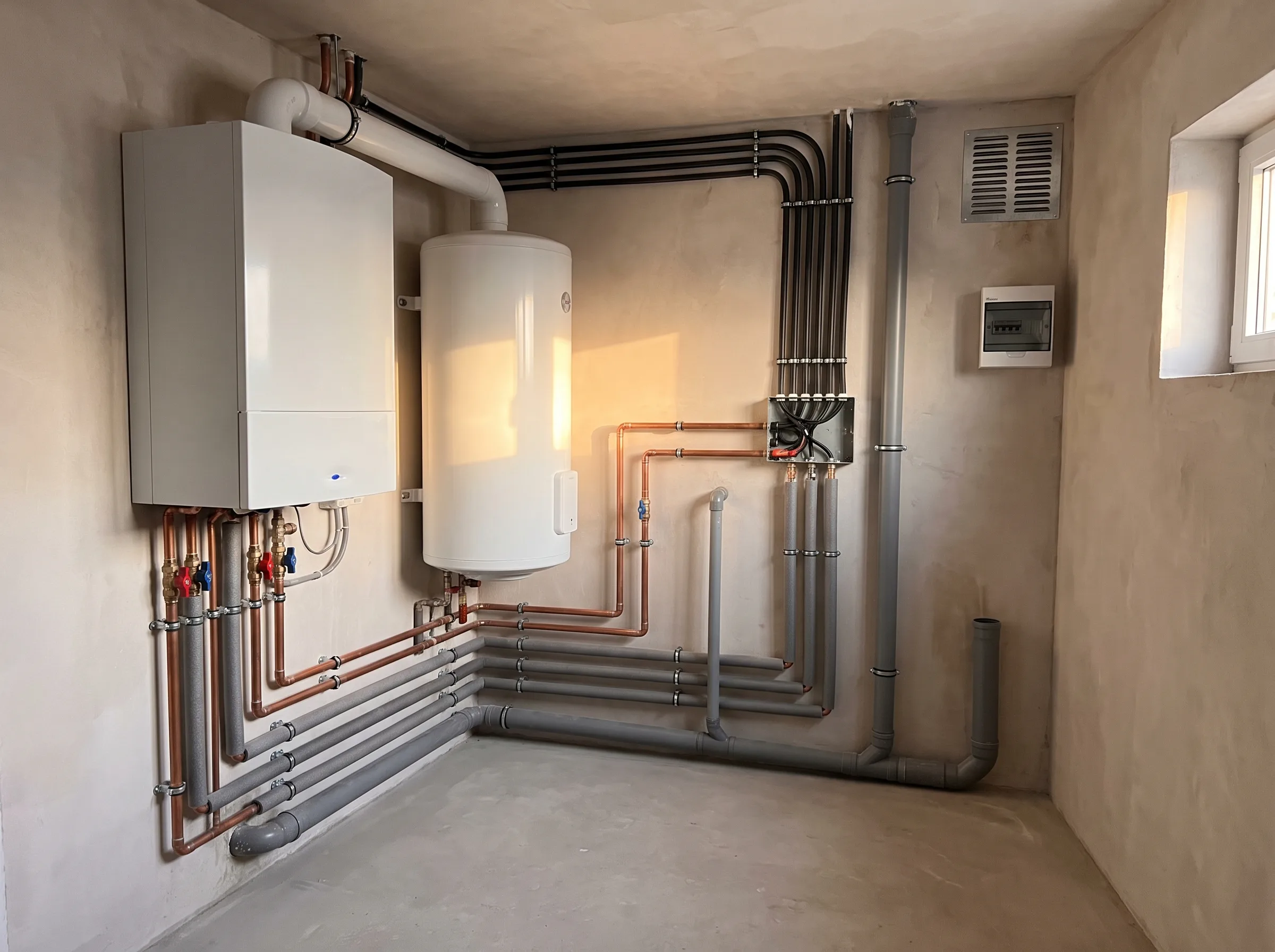 Technische ruimte met verwarmingsinstallatie en warmwaterboiler