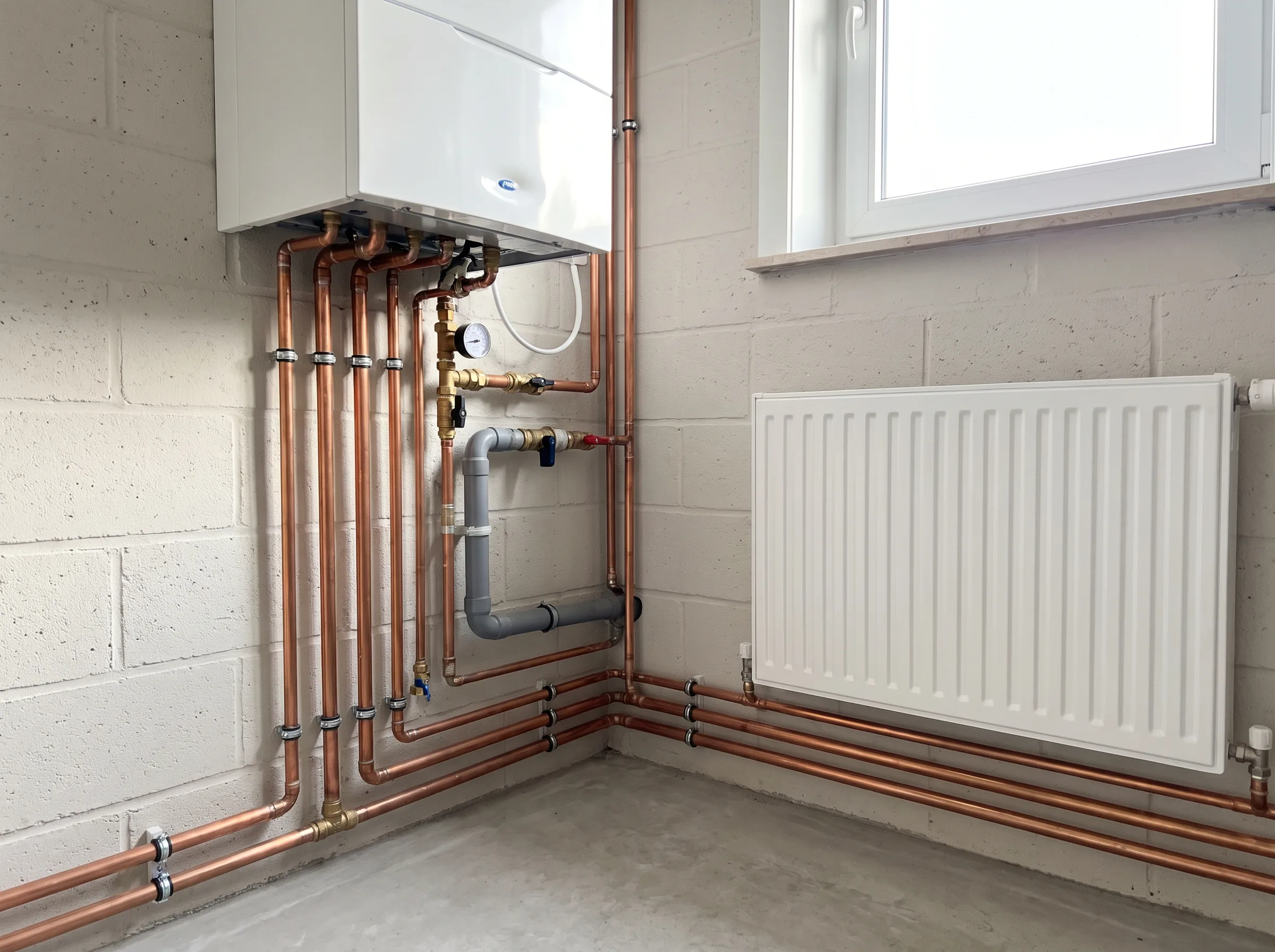 Installatie van leidingen met een gasketel en radiator in een technische ruimte