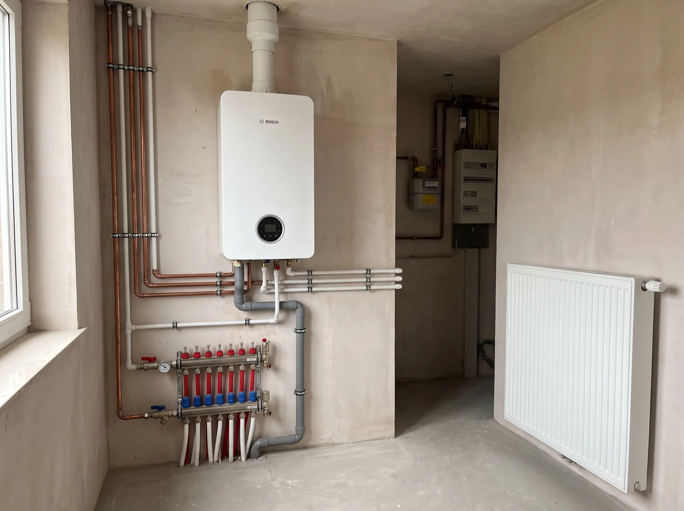 Installatie van een gasketel met verwarmingsleidingen in een technische ruimte