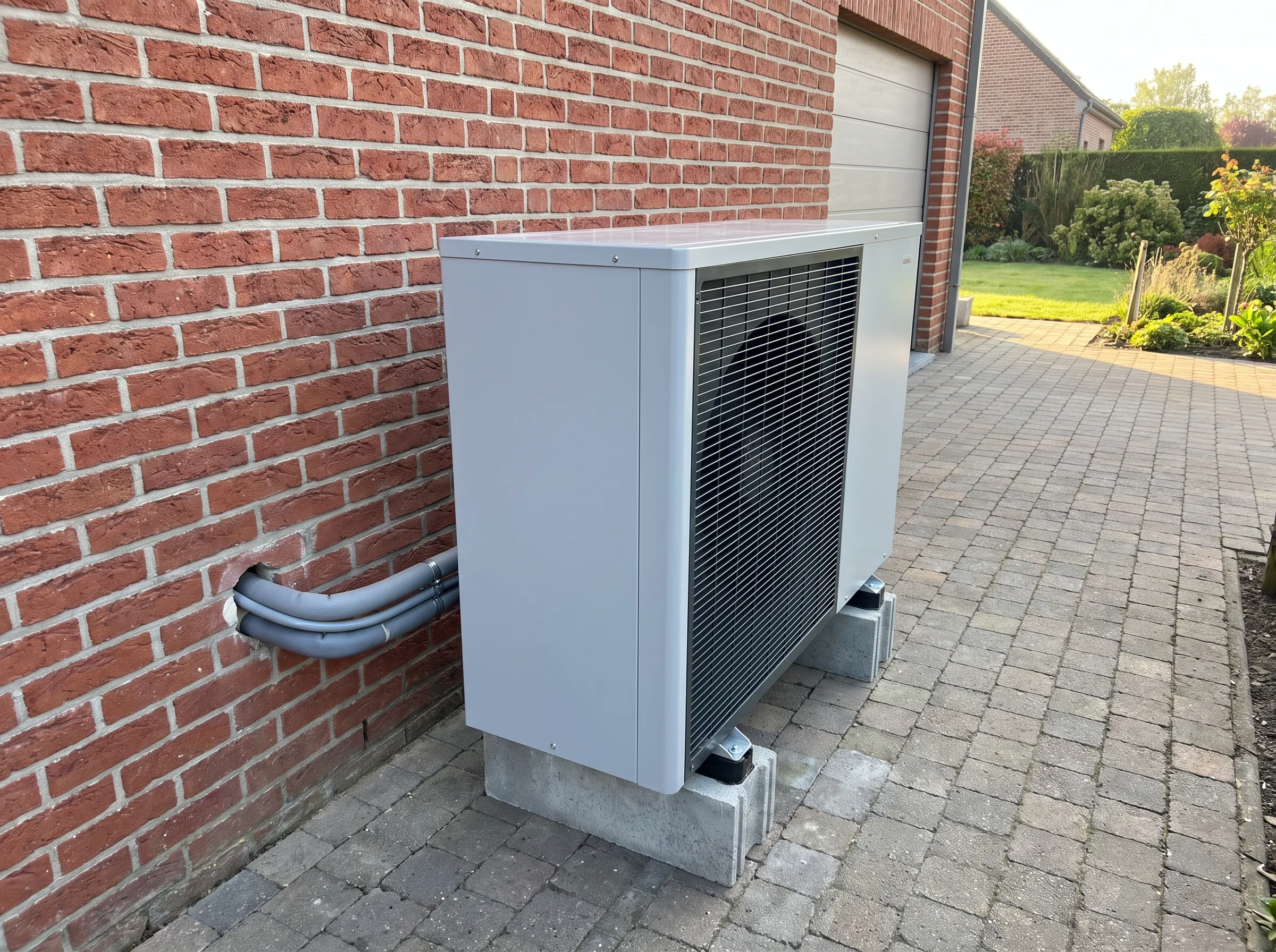 Warmtepomp geplaatst aan de buitenkant van een huis met bakstenen wand
