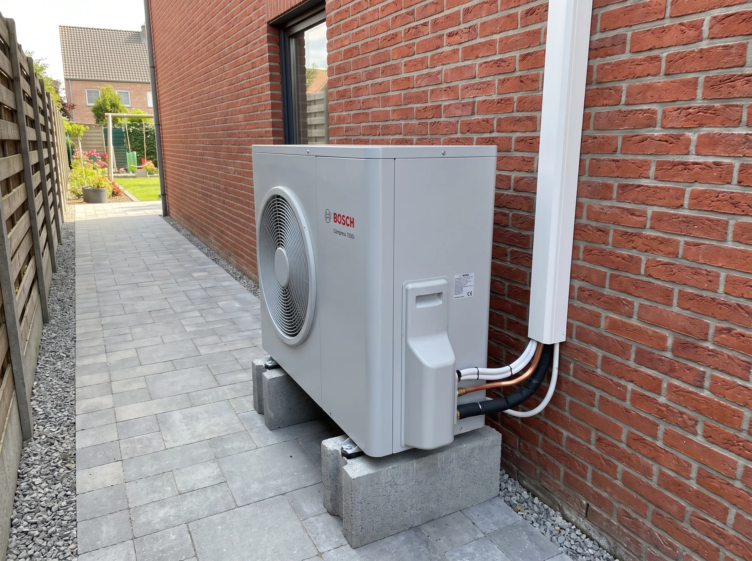 Warmtepomp op een verhoging naast een bakstenen muur in een tuinomgeving