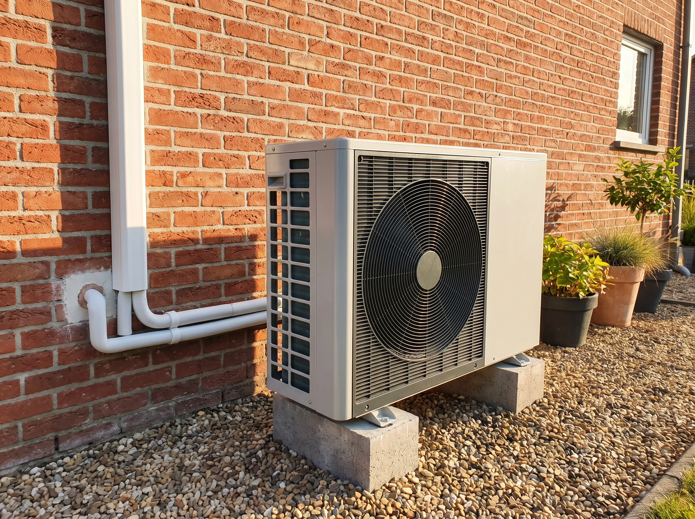 Buitenunit van een lucht-water warmtepomp tegen een bakstenen muur