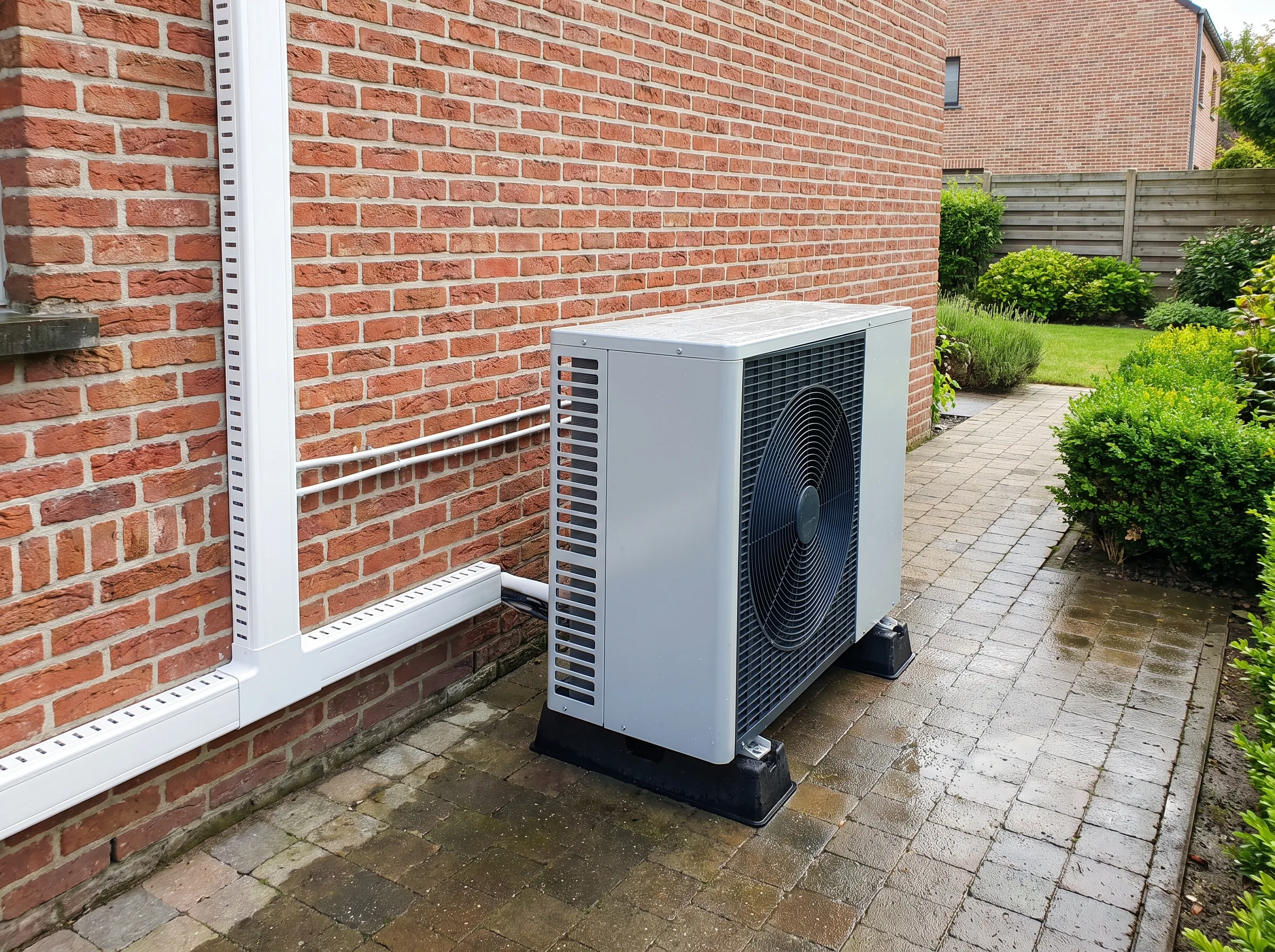 Warmtepomp geïnstalleerd aan de buitenmuur van een woning, omringd door een tuin