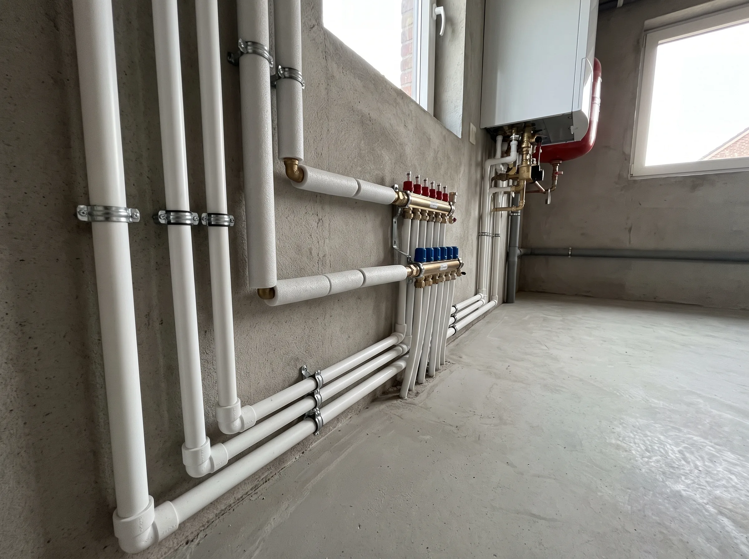 Vakkundige installatie van een gasketel met leidingen en toebehoren in een lichte ruimte