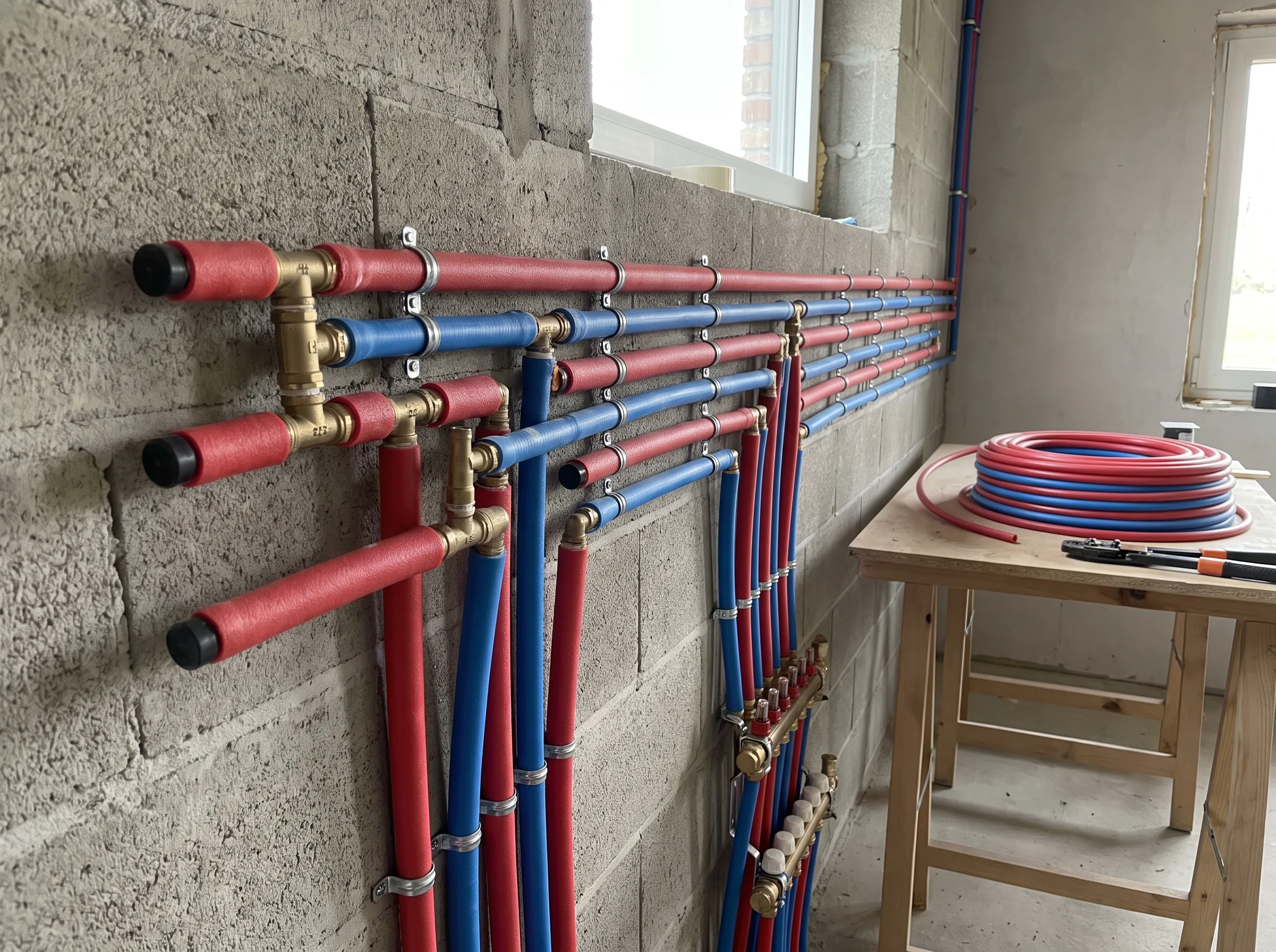 Installatie van waterleidingen in een technische ruimte met gekleurde buizen