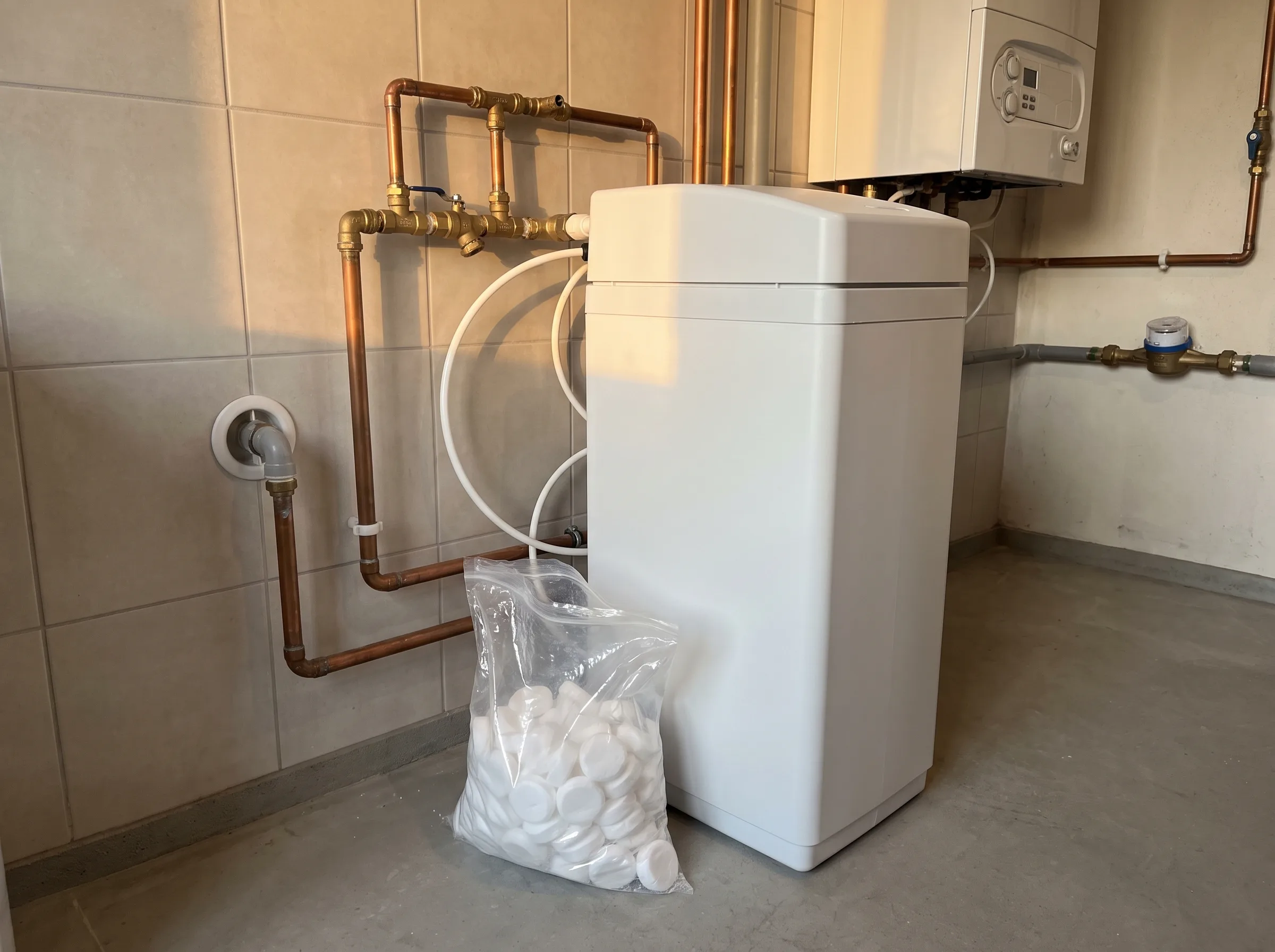 Waterverzachter geplaatst in technische ruimte met leidingen en afvoer