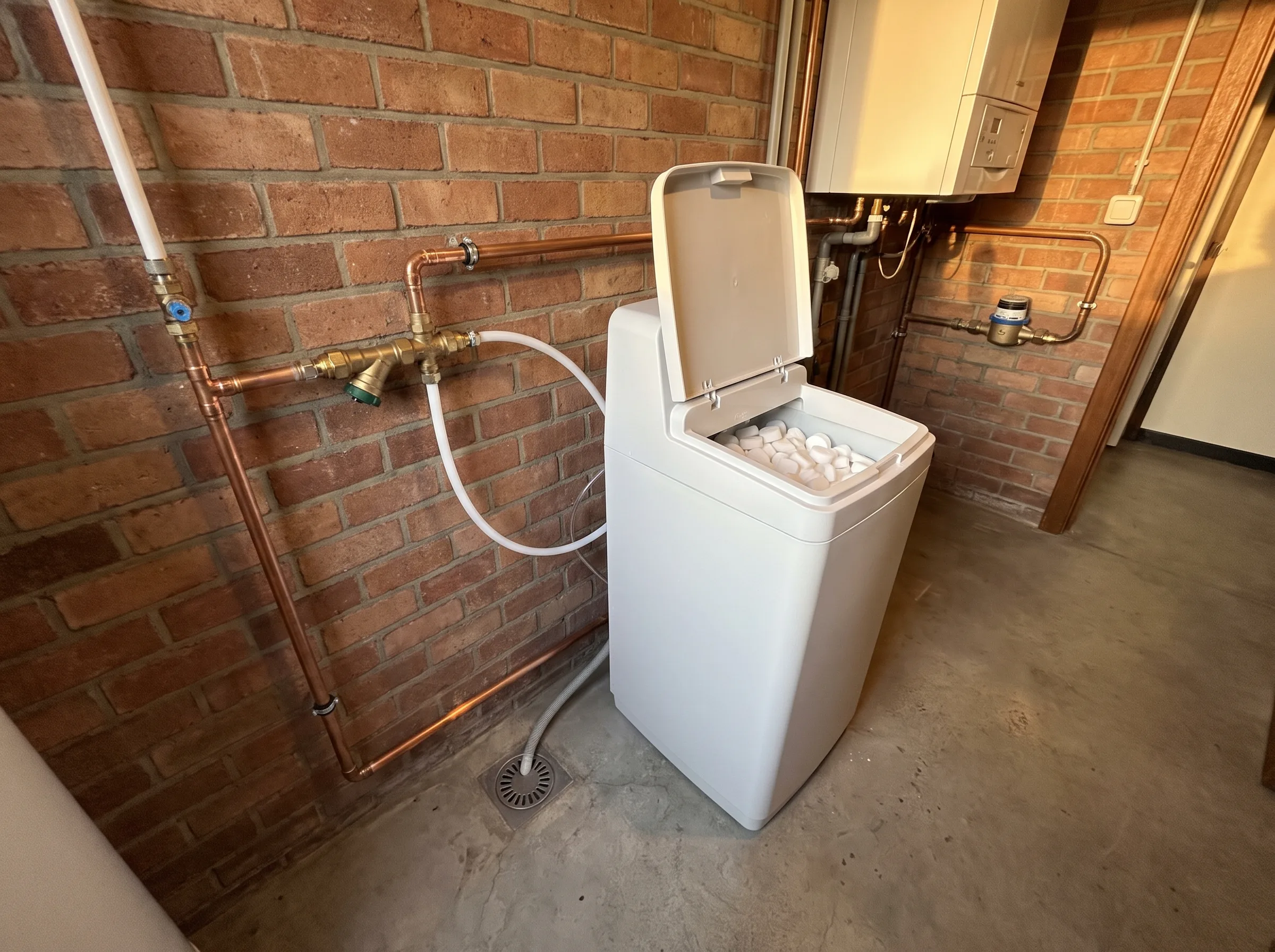 Witte boiler met open deksel, aangesloten op waterleidingen in technische ruimte