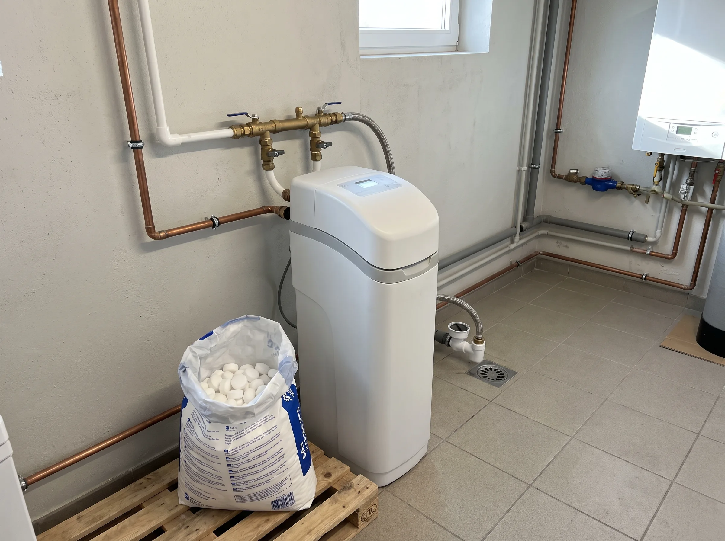 Waterverzachter geplaatst in een technische ruimte met leidingen en vloerafvoer