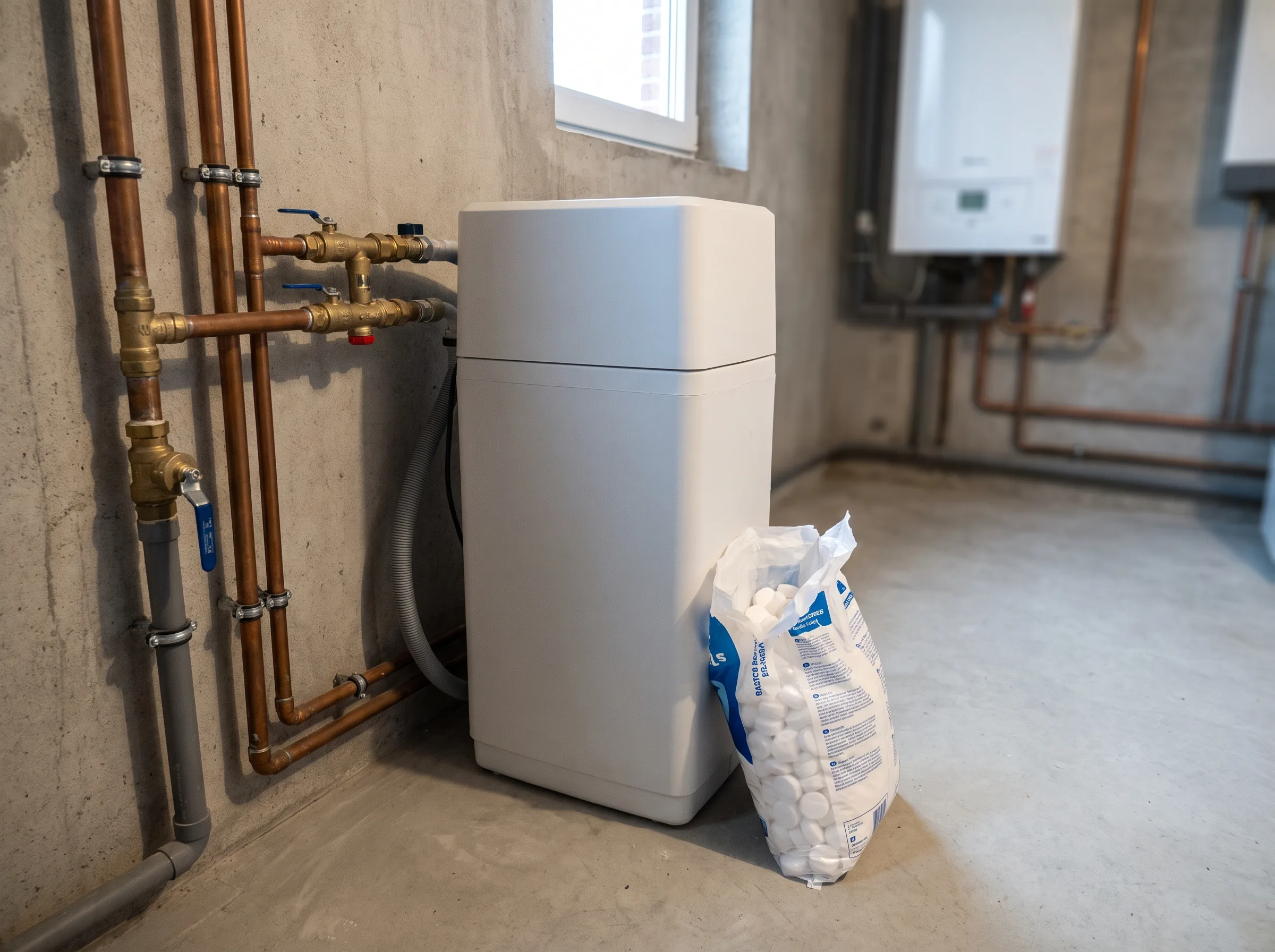 Waterverzachter plaatsen in technische ruimte met leidingen in zicht