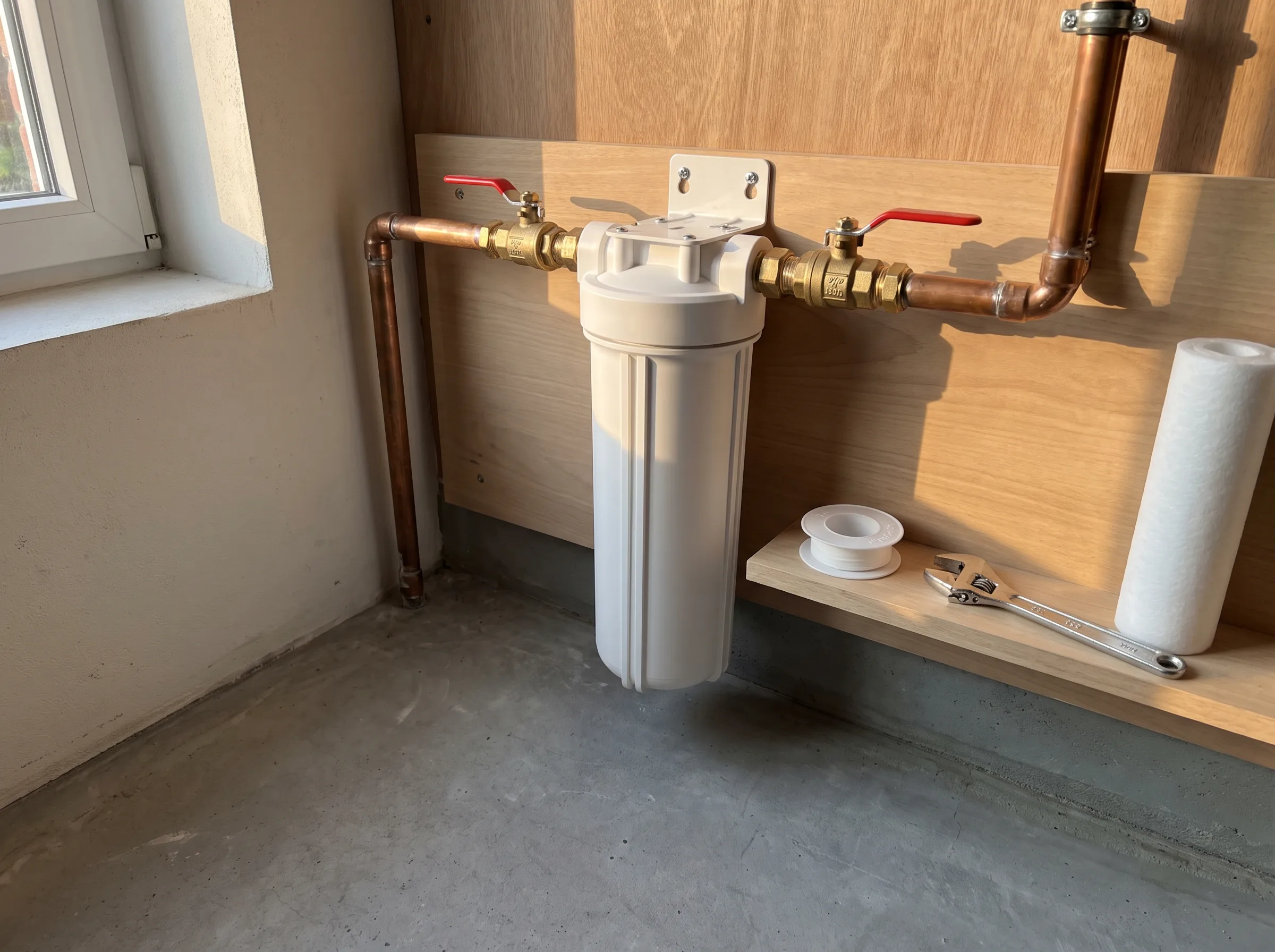 Waterfilter installatie met leidingen en kranen aan de muur